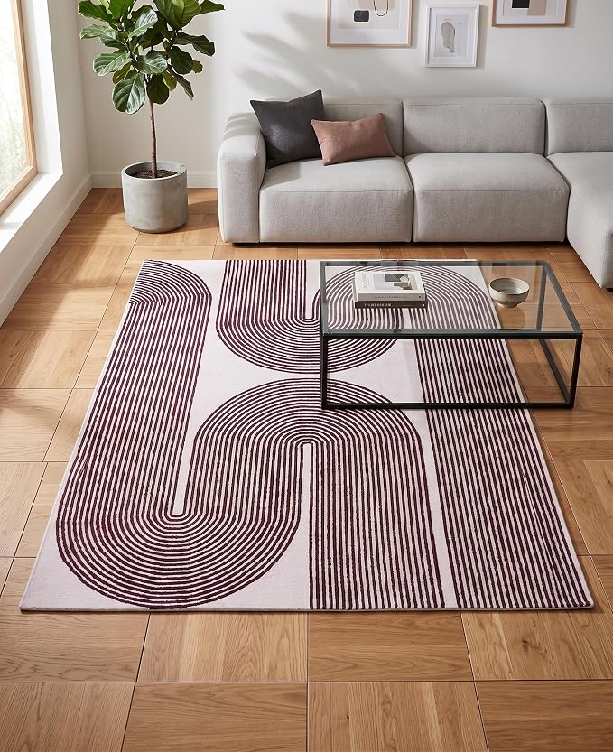 Modern Handmade Wool Area Rug, Abstract Curved Line Geometric Indoor Carpet for Living Room Bedroom, Contemporary Tufted Rug with Soft Pile and Cotton Backing (Deep Plum, 5' x 8')