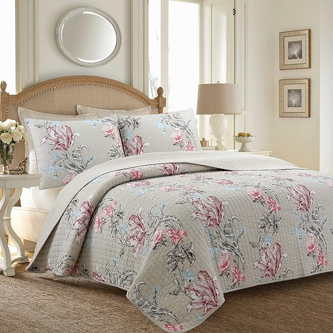 Cozy Line Home Fashions Taupe Khaki Floral Blooming 100% Cotton Reversible Quilt Bedding Set, Coverlet, Bedspread (Taupe Blooming, Queen - 3 Piece)