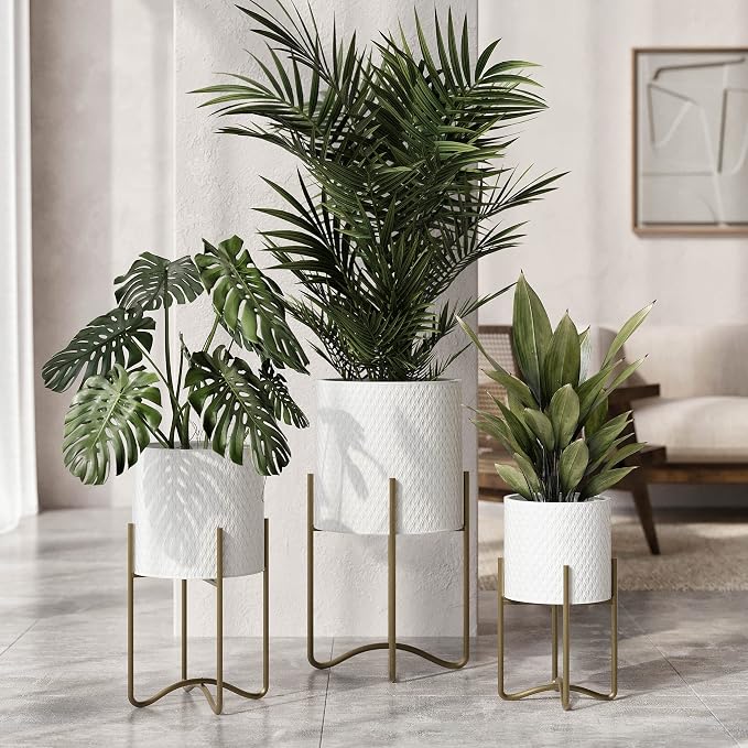 EverNest Claire Mid-Century Modern White Plant Pot with Ambrose Stand, SelectBase, Indoor Plant Pot, Bohemian Style, Minimalist Plant Home Décor (Set of 3, Gold)