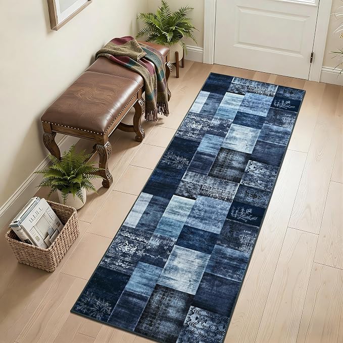 Tepook Modern Runner Rug for Living Room, 2x6 Washable Rugs for Bedroom Hallway, Geometric Patchwork Runner Rug Non-Slip Indoor Throw Carpet for Entryway Kitchen Office Home Decor, Blue