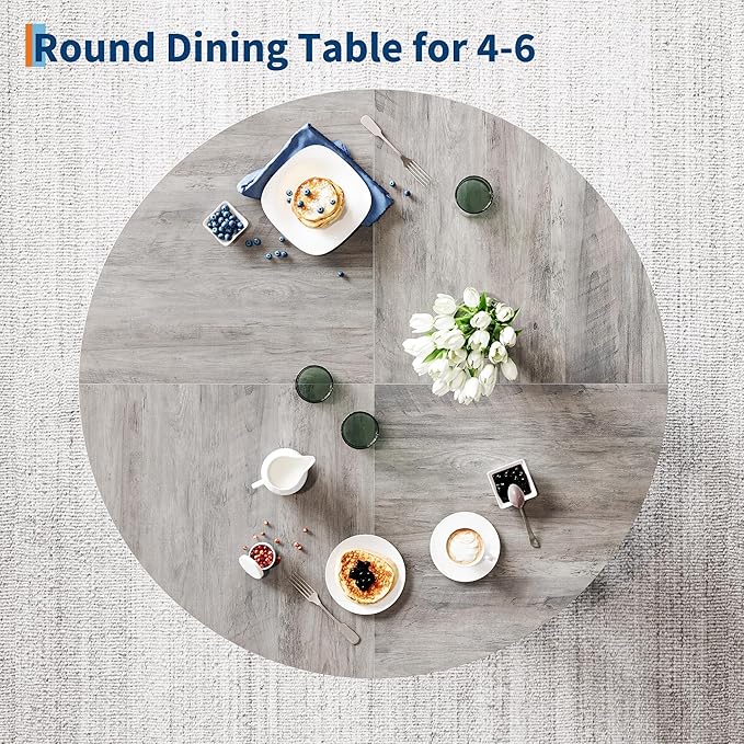 IDEALHOUSE 47" Round Dining Table for 4-6, Wood Kitchen Table with Sturdy Base, Farmhouse Circle Dinner Table for Dining Room, Living Room, 4 Strong Legs, Grey