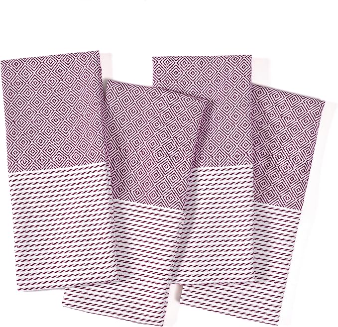 TWINY threads Kitchen Towel Diamond Pattern, Premium Kitchen Linen Set, 100% Cotton Wash Rags, Absorbent Quick Drying Cloths, Washable Reusable Multi Purpose, Set of 4, 18x26 Inches, Burgundy Wine