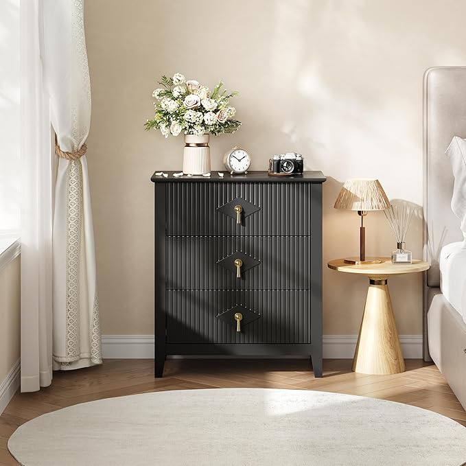 GarveeHome 2Pcs Wood Nightstand Fluted Dresser for Bedroom, 27.5" Wide 3-Drawer Bedside Tables, Modern Chest of Drawers, Storage End Table Living Room, Hallway, Entryway, Black