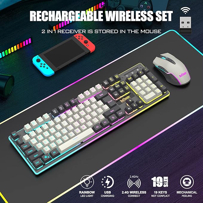 RedThunder K10 Pro Wireless Gaming Keyboard and Mouse Combo, RGB Backlit Rechargeable 3800mAh Battery, Mechanical Feel Anti-ghosting Keyboard + 7D 3200DPI Mice for PC Gamer(White Gray)