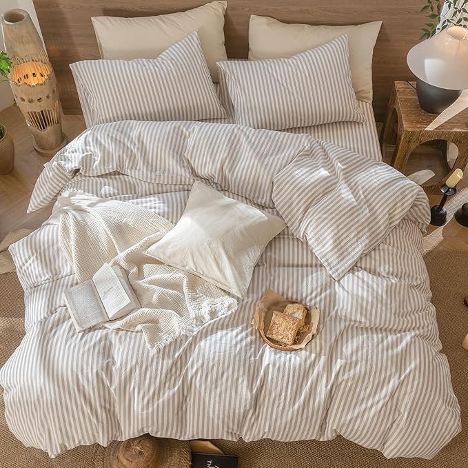 MooMee Striped Duvet Cover Set 100% Washed Cotton Linen Like Textured Breathable Durable Soft Comfy (Tannish Linen Grey White Classic Stripes, Alaska King 132"x120")