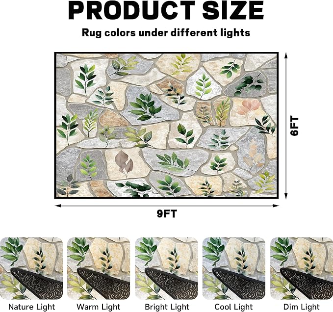 6'x9' Optical Illusion Rug 3D Stone Floor Mat Green Leaf Botanical Area Rug Rustic Nature Washable Carpet for Bedroom Living Room Kitchen Nursery Playroom Home Decor