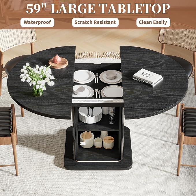 Extendable Black Round Dining Table for 4-6-8, 59 Inch Kitchen Dining Room Table with Storage, Modern Oval Circle Dinner Furniture, Fluted Wood Slide Door, for Home, Living Room, Farmhouse, Black