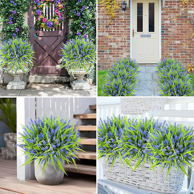 Ouddy Decor 24 Bundles Artificial Flowers for Outdoors, Fake Lavender Flowers Monkey Grass Faux Plastic Plants Shrubs UV Resistant for Porch Garden Window Box Office Home Decorations, Purple
