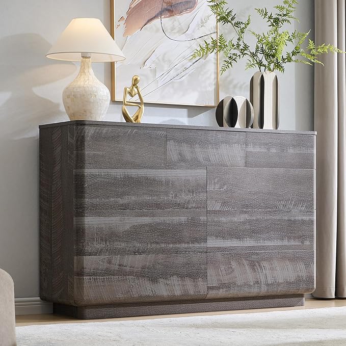 ACCOHOHO Modern 9 Drawer Dresser for Bedroom, 52" Wide Wooden Dressers with Large Storage,Handleless Chest of Drawers TV Stand for Living Room & Hallway, Curved Profile Design, Grey