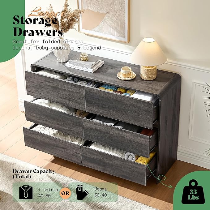 AMERLIFE 6 Drawer Dresser for Bedroom, 49" Wide Modern Chest of Storage Drawers with Rounded Corners, Anti-Tip Kit, Wood Cabinet Organizer for Closet, Living Room, Nursery, Easy Assembly, Black