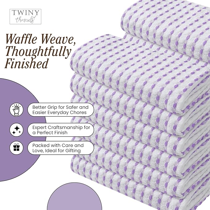TWINY threads Waffle Weave Kitchen Towels Set of 4, Premium 100% Cotton, 16x26 Inches Dishcloths Pack, Ultra Absorbent & Quick Dry Wash Rags for Home Kitchens, Lavender, White