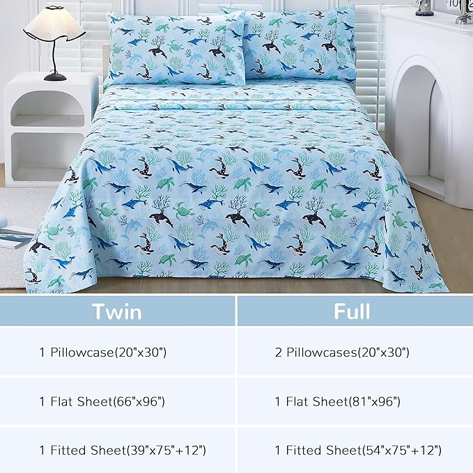 Viviland 4 Pieces Boys Blue Ocean Full Sheet Set - Soft Microfiber Fitted Flat Sheets & Pillowcases - Blue Ocean Whales, Sea Turtles, Marine Organisms Bedding Sets - for Kids & Toddlers