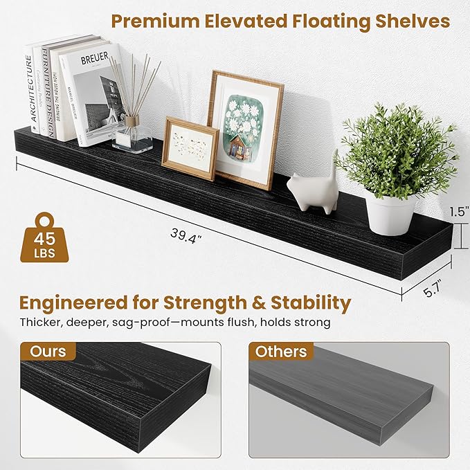 Fun Memories 40 Inch Floating Shelves, Long Wood Wall Shelf Set of 2 with Invisible Brackets, for Bathroom, Living Room, Bedroom, Kitchen, Black