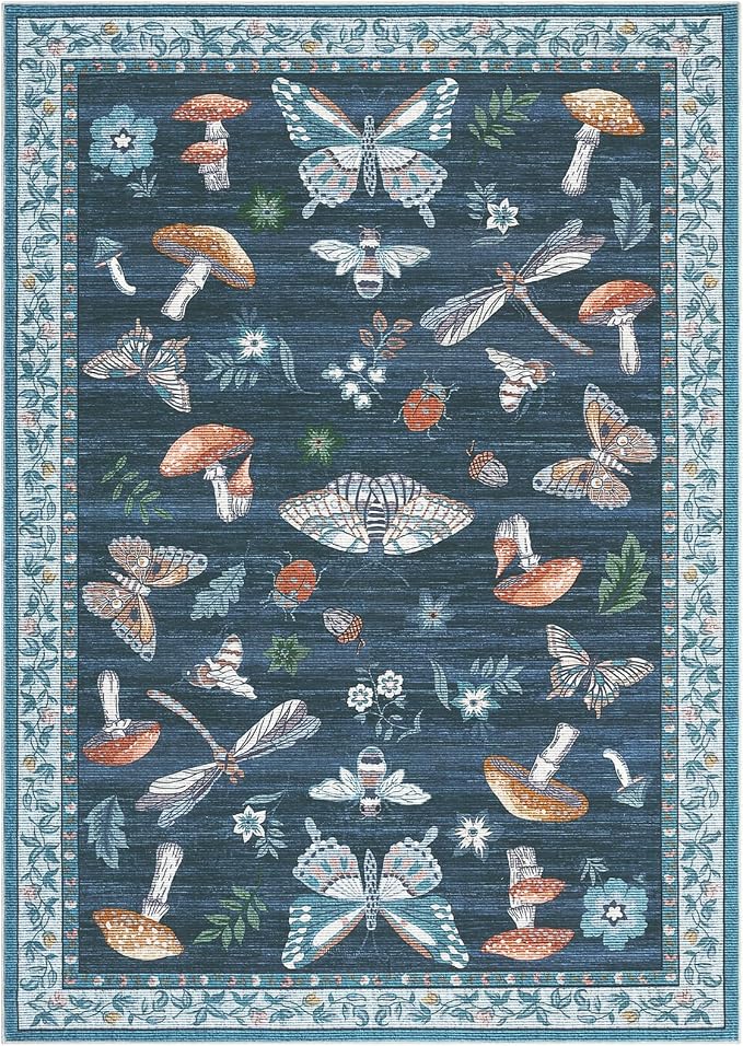 5x7 Washable Mushroom Floral Small Rug Non Slip Living Room Vintage Area Rug Low Pile Soft Bedroom Rugs Non Shedding Kitchen Rugs Boho Retro Indoor Carpet for Kids Nursery Room, Blue