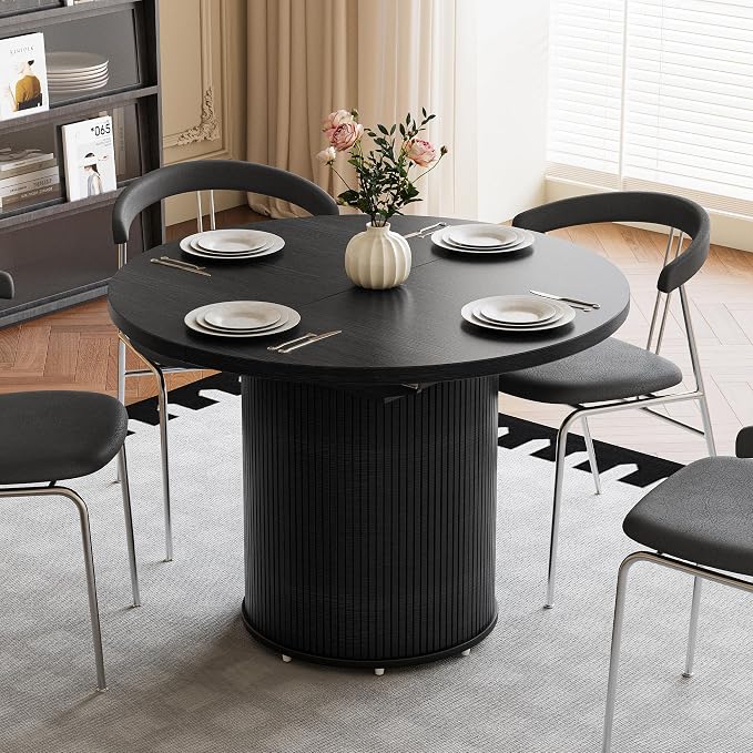 Extendable Round Dining Table for 4-8, 43in-59in Modern Wood Dining Room Table with Removable Leaves, Extendable Dinner Tables w/Heavy Duty Base for Kitchen|Living Room|Small Space, Black