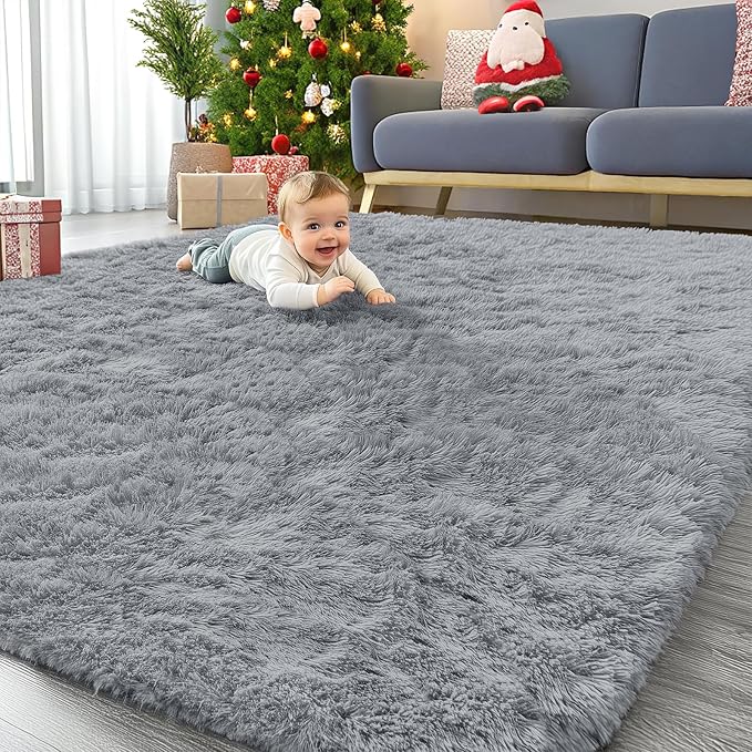 OLANLY 6x9 Machine Washable Large Area Rugs for Living Room, Bedroom, Soft Fluffy Shaggy Bedside Rug, Indoor Floor Carpet for Kids Girls and Boys, Dorms, Nursery, Home Decor, Silver Grey