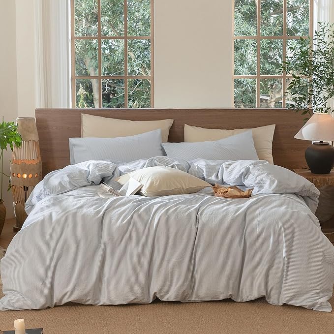 MooMee Striped Duvet Cover Set 100% Washed Cotton Linen Like Textured Breathable Durable Soft Comfy (Cornflower Blue White Pinstripes, Twin 68"x90")