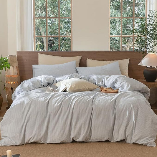 MooMee Striped Duvet Cover Set 100% Washed Cotton Linen Like Textured Breathable Durable Soft Comfy (Cornflower Blue White Pinstripes, King 104"x90")