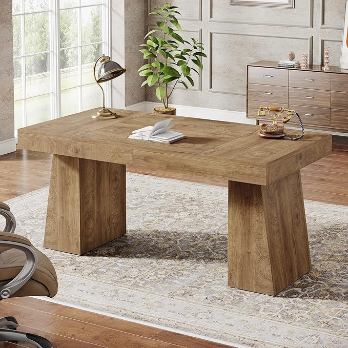 Tribesigns 55 Inches Executive Desk, Mid-Century Modern Home Office Desk, Wood Computer Table Business Workstation Small Conference Table, Light Brown