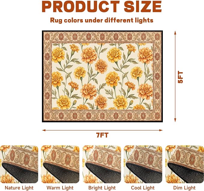 Marigold Floral Area Rug Vintage Boho Rug Bordered Non-Slip Washable Floor Mat for Bedroom Living Room Nursery Kitchen Playroom Home Decor,5'x7'