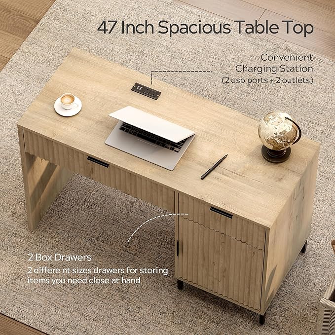 47" Fluted Executive Desk, Modern Wood Home Office Desk with Charging Station, Drawer & Cabinet, Computer Writing Desk for Work Study, Light Oak