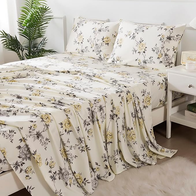 FADFAY Floral Sheets Set Full Vintage Rose Floral Bedding Shabby Grey and Yellow Peony Sheets Farmhouse Bedding 800 Thread Count 100% Egyptian Cotton Soft Deep Pocket Fitted Sheet 4Pcs, Full Size