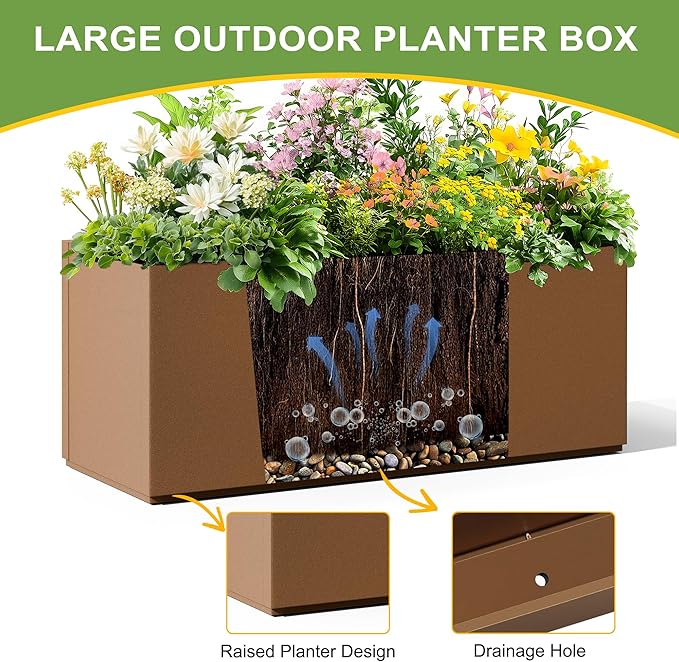Metal Planter Box Rectangular Planter Box with Drainage Hole, Outdoor Large Planters, All-Weather Use, Rust-Resistance, for Flowers Plants, 38" L × 15" W × 16.3" H, Brown
