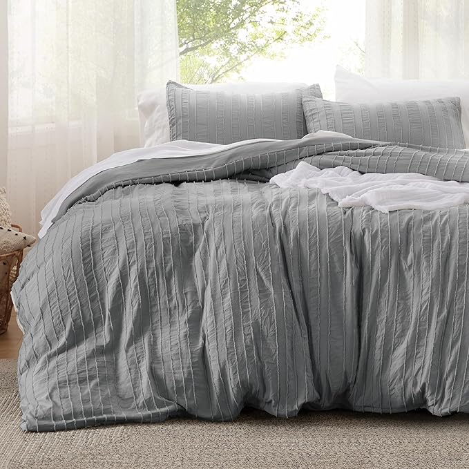 Bedsure Striped Boho Duvet Cover King Size - Shabby Chic Tufted Boho Bedding Set, 3 Pieces Shabby Chic Home Bedding for All Seasons, Includes 1 King Duvet Cover & 2 Pillowcases (Grey, 104" x 90")