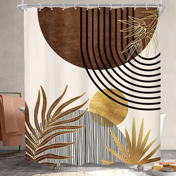 KOMLLEX Mid Century Boho Shower Curtain for Bathroom Decor 60Wx72H Inches Abstract Modern Sun Minimalist Arch Golden Leaves Art Line Geometric Aesthetic Fabric Waterproof Polyester 12 Pack Hooks