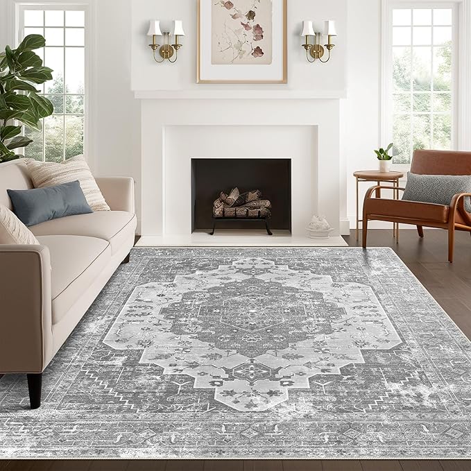 vivorug 3x5 Area Rugs, Stain Resistant Washable Rug for Living Room, Vintage-Inspired Grey Floral Rug