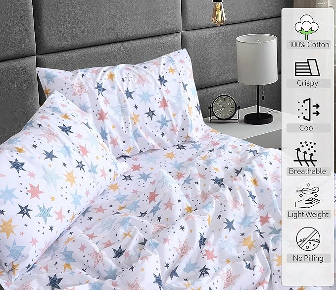 RUVANTI 100% Cotton Sheets Queen Size Set, 4 Pieces, Soft & Breathable Percale Weave Bedding, Deep Pocket 16", Hotel Standard, Crisp Cool Feeling, Durable, Perfect Floral Bed Sheet, Fault Star