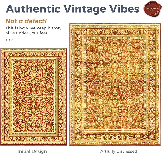 OPPODREAM Vintage Orange 3x10 Runner Rug, 3 x 10 Retro Washable Rug Non Slip, Low-Pile Faux Wool Carpet, Distressed Floor Mat for Kitchen, Hallway, Entry-Way, Entrance, Indoor Back Door