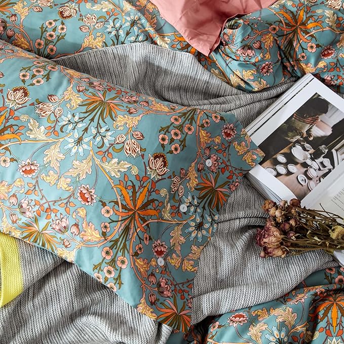 mixinni 3 Pieces Flower Duvet Cover Set 100% Natural Cotton Full Size Bedding Cover with Zipper&Ties, 1 Duvet Cover and 2 Pillowcases, Easy Care, Soft and Durable-Full Size