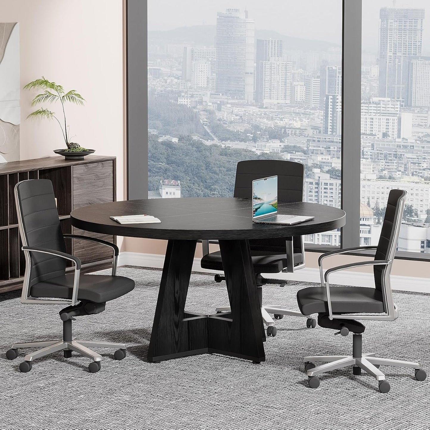 Tribesigns 47-Inch Round Conference Table - Stylish Wooden Meeting Table for 4-6 People | Black Finish