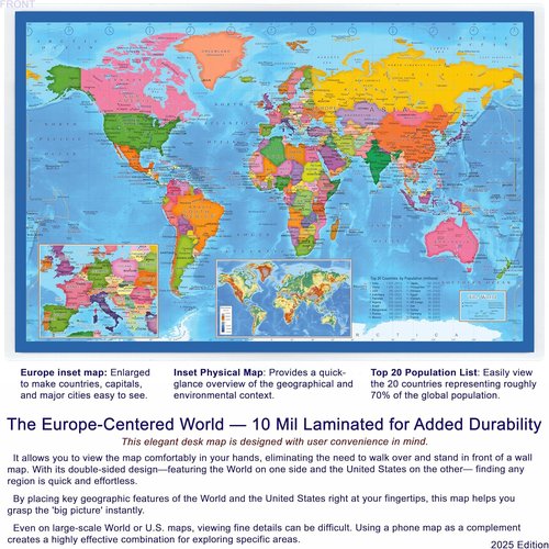 Skiennix 2-Sided Desk Map - Durable Lamination, US/Europe Centered | 17.5 x 11.5 Inches