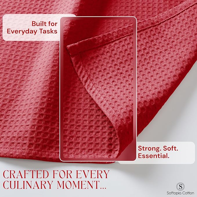 Red Waffle Kitchen Towels, 100% Cotton, Quick Dry, Super Absorbent, Soft, Lint-Free, 16x26 Inches, with Hanging Loop - Ideal for Dish Drying, Bar, Tea, Cleaning & Everyday Use, 4 Pack