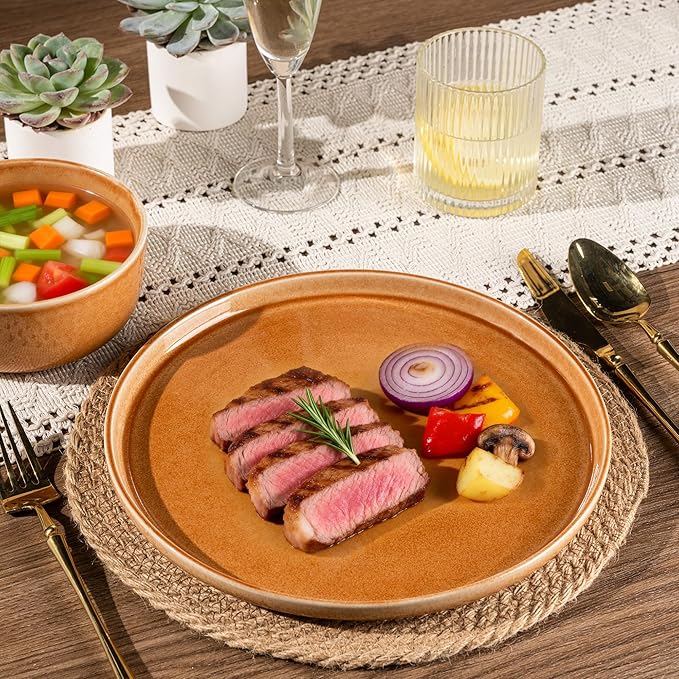 GBHOME Ceramic Dinnerware Sets for 4, 12 Pieces Stoneware Plates and Bowls Sets, Scratch Resistant Dishes, Dishwasher & Microwave Safe, Reactive Glaze-Amber