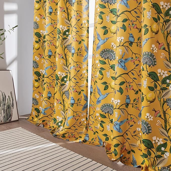 Floral Pattern Curtains for Living Room 72 Inches Long Luxury Whimsical Mustard Yellow Lemon Design Hummingbird Colorful Pinch Pleated Blackout Drapes for Bedroom Dining Room 2 Panels