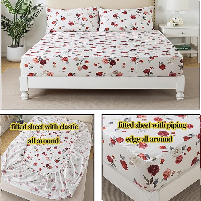 FADFAY Rose Sheets Set Twin XL Vintage White Rose Floral Bedding Shabby College Bedding 100% Percale Egyptian Cotton 800 Thread Count Ultra Soft Deep Pocket Fitted Sheet 4Pcs, Twin XL for Dorm Room
