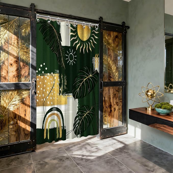 Small Stall Narrow Green and Gold Shower Curtain Bohemian Stand Up Abstract Shower Curtains for Rv Camper Bathroom Decor Sets, Waterproof Cloth Fabric with Hooks, 36 x 72 Inch