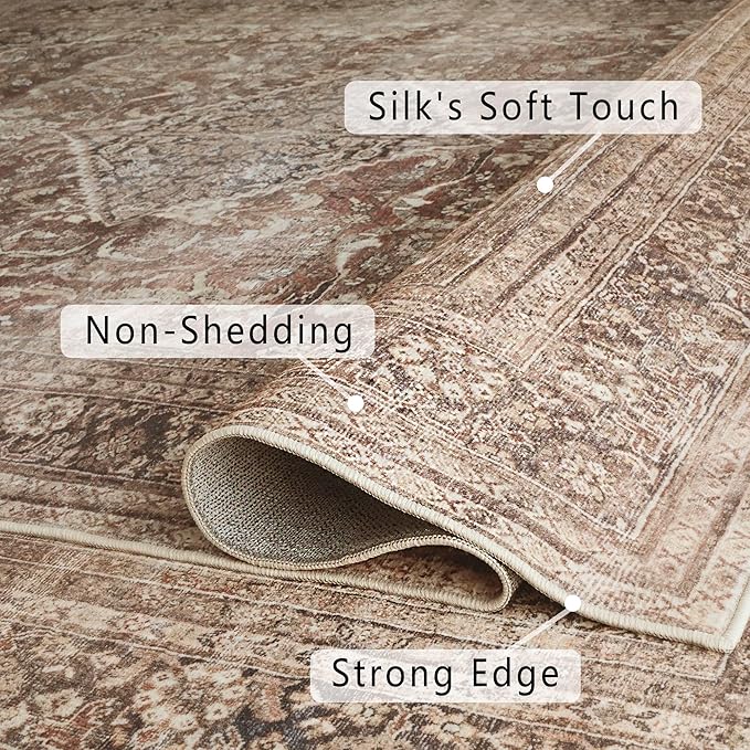 vivorug 9x12 Area Rugs for Living Room, Non Slip Machine Washable Vintage Rug, Ultra-Thin Lightweight Large Area Rug for Bedroom, Dining Room, Low Pile Rug Earth Tone