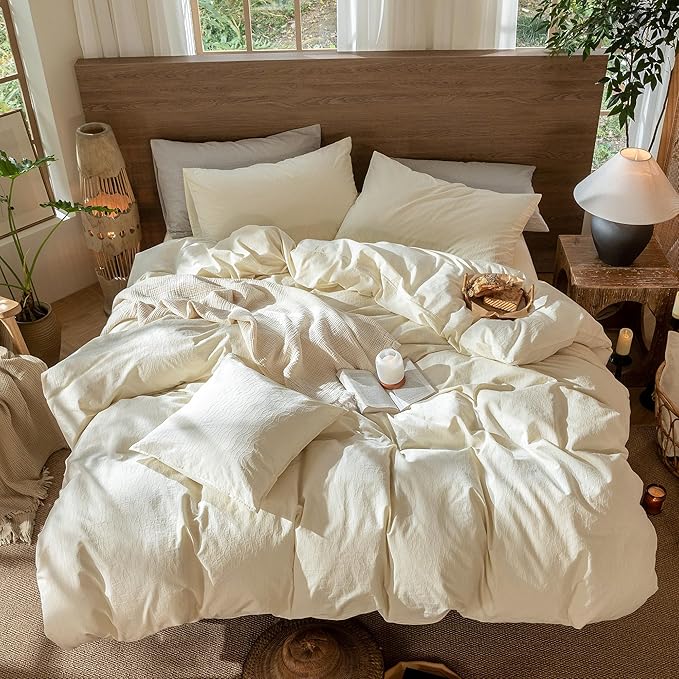 MooMee Wavy Striped Duvet Cover Set 100% Washed Cotton Linen Like Textured Breathable Durable Soft Comfy (Cream White, Super Queen 90"x98")