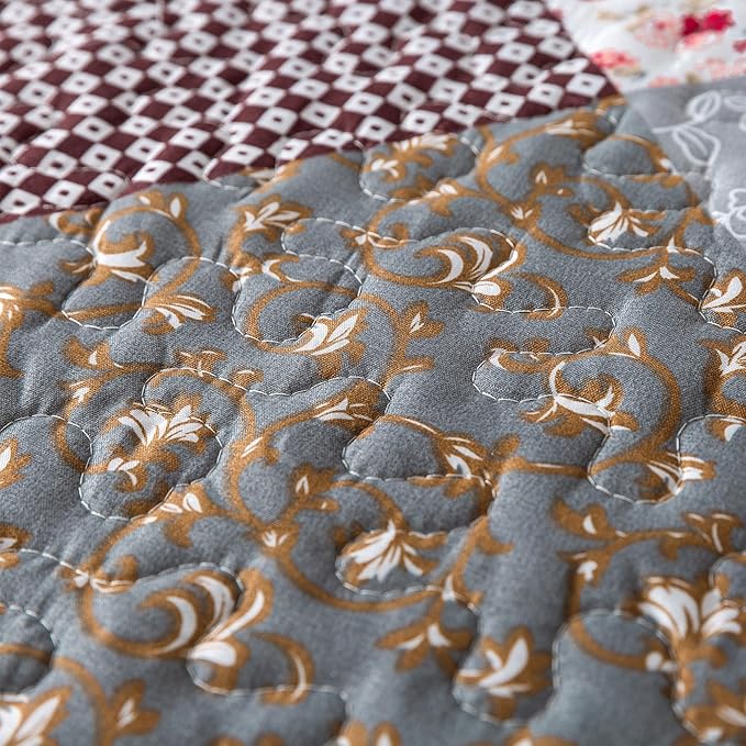 HoneiLife Quilt Set Twin Size - 2 Piece Microfiber Quilts Reversible Bedspreads Patchwork Coverlets Floral Bedding Set All Season Quilts with Geometric and Little Rose Print Pattern，Grey