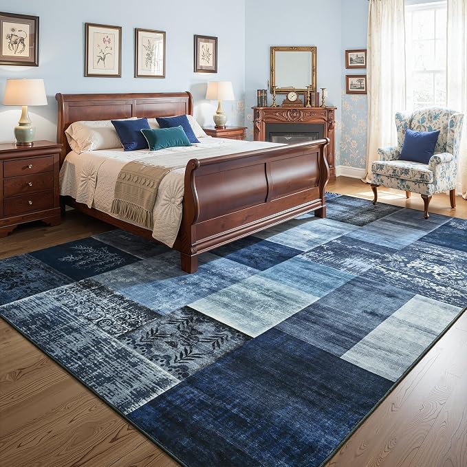 Tepook 4x6 Blue Area Rugs for Living Room, Modern Large Geometric Rug for Bedroom, Washable Patchwork Rug Indoor Non Slip Throw Carpets for Dining Room Office Farmhouse Home Decor