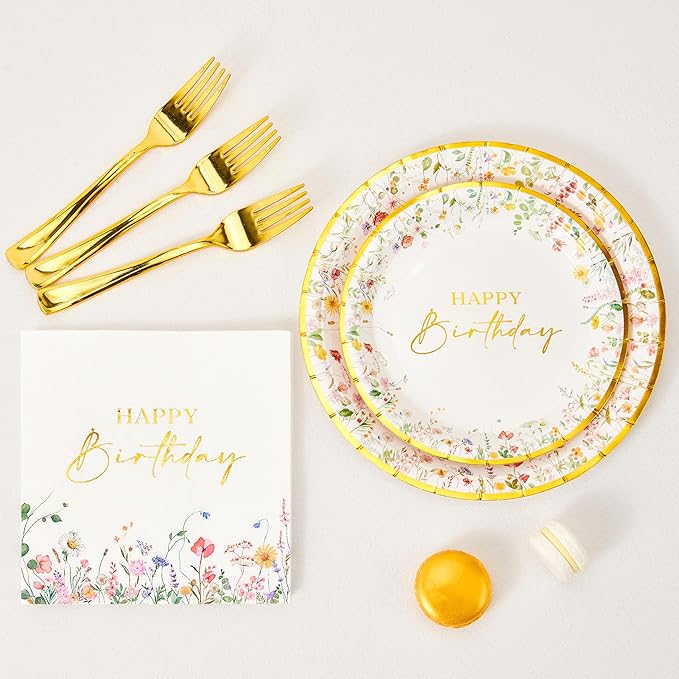 Crisky Wildflower Birthday Plates and Napkins set Women/Men Floral Disposable Tableware Set of 24 for Birthday Party Decorations (Plates, Napkin, Fork)