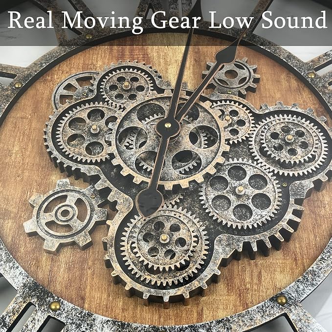 36 Inch Moving Gear Wall Clock, Oversized Wall Clocks, Clock Living Room Decor, Solid Wood Frame, Battery Operated, Large Wall Clock with Steampunk Industrial for Fireplace(Brown)