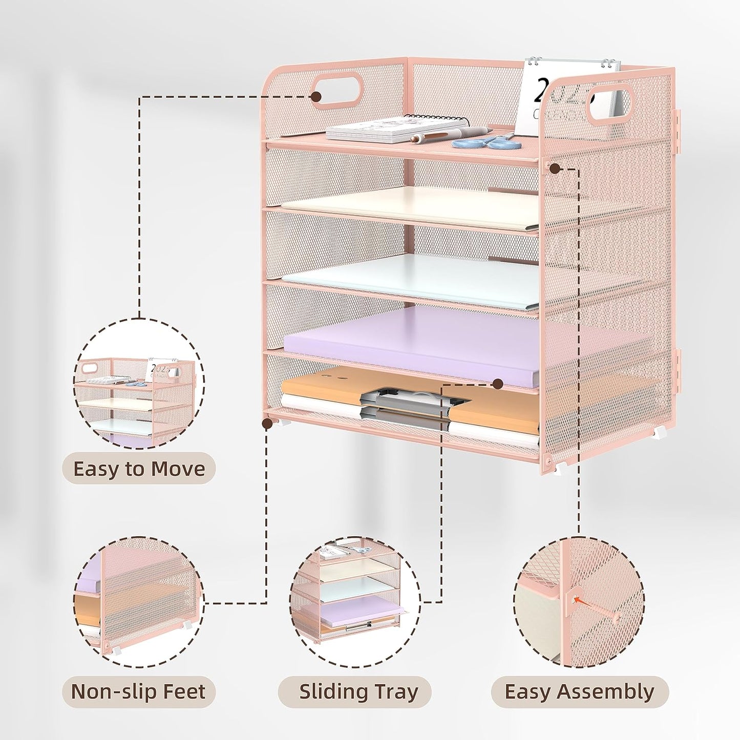 Supeasy Paper Organizer - 5-Tray Letter Tray with Handle | Mesh Desk File Holder in Pink