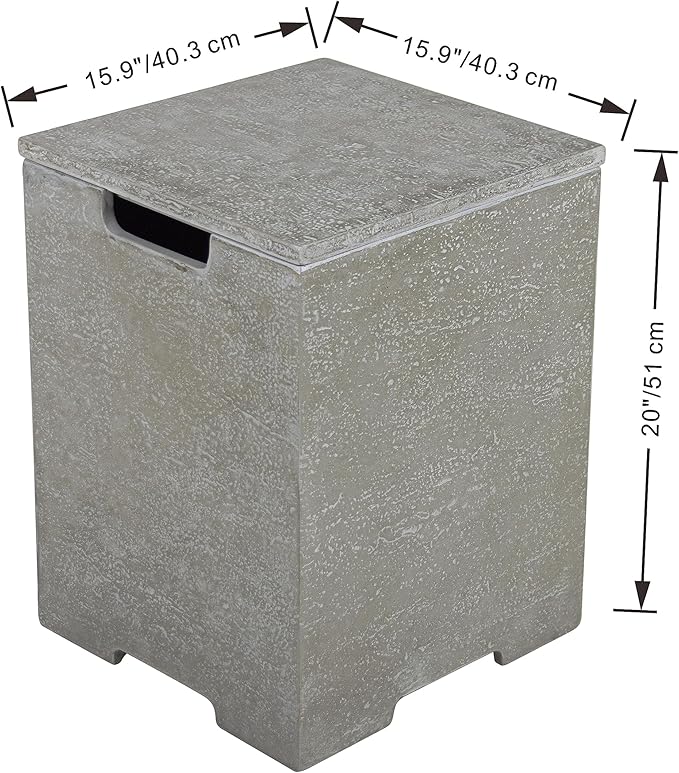 AMS Fireplace | Elementi Square Travertine Light Grey Propane Tank Cover | Marble Porcelain Top with Concrete GFRC Base | 15.9 × 15.9 × 20 inches | Suited For Riviera Light Grey Fire Pit Table