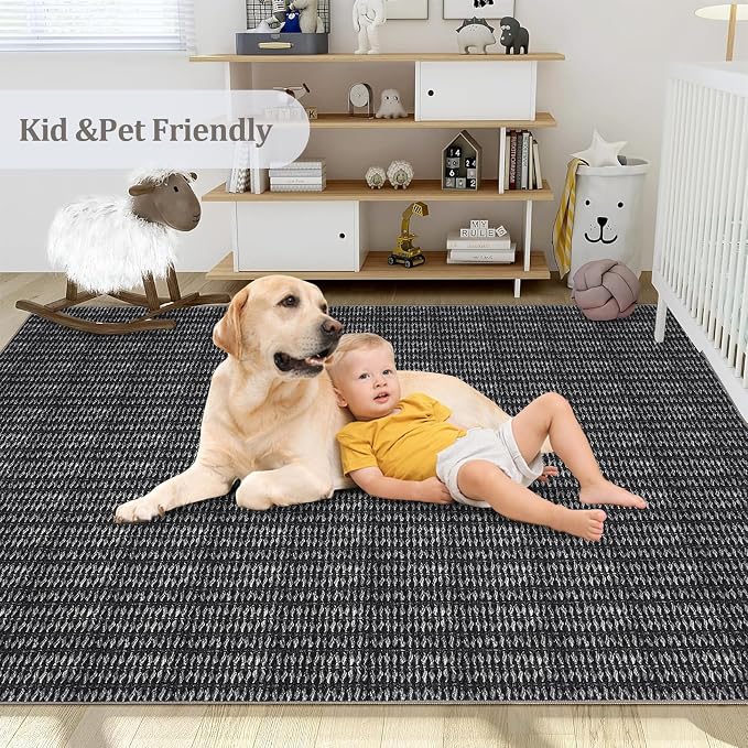 Washable 10x13 Modern Braided Print Area Rug for Living Room Low Pile Soft Bedroom Rugs Non Slip Modern Large Carpet Thin Foldable Boho Vintage Indoor Carpet for Playroom Open Living Room,Black