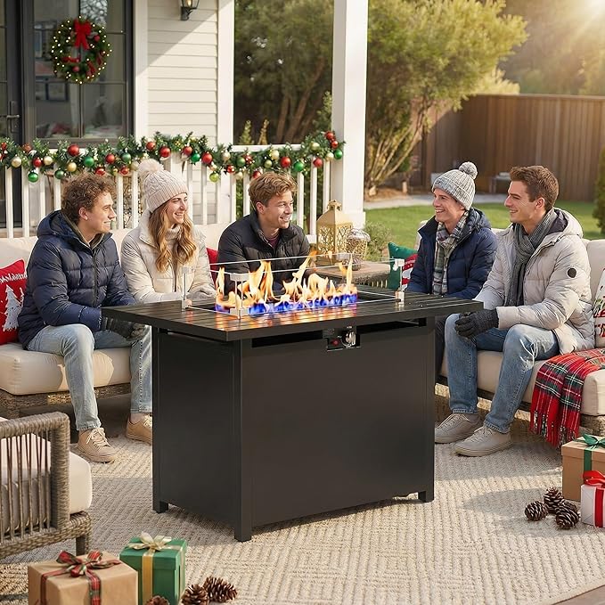 FansaFurn 43'' Propane Fire Pit Table, 50000 BTU Gas Fire Pits Table with Removable Lid and Lava Rock, Rectangular Fire Table with Cover, Ideal for Dining or Party on Patio, Garden, Yard, Black
